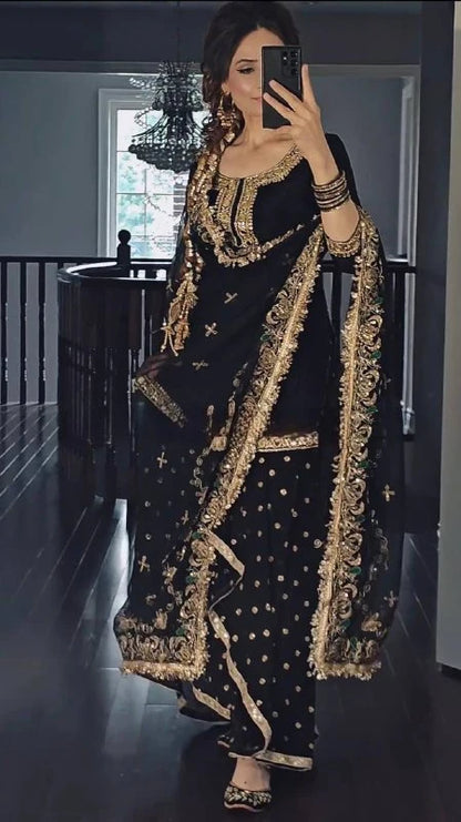 LadyVastara Designer Malay Silk Top with Faux Georgette Dhoti Skirt