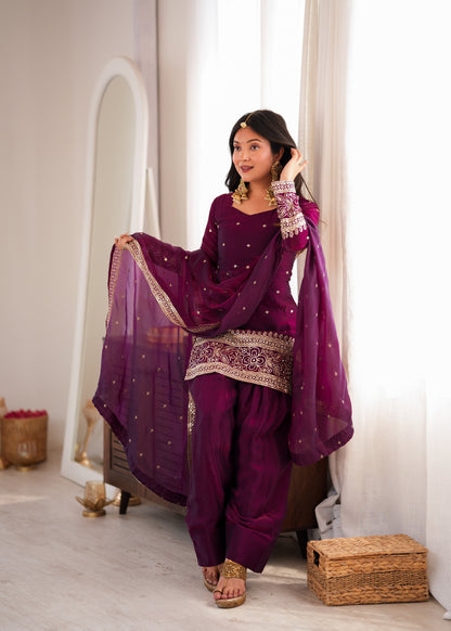 LadyVastara Heavy Fendy Silk Embroidered Kurta with Farshi Shalwar & Roman Silk Dupatta