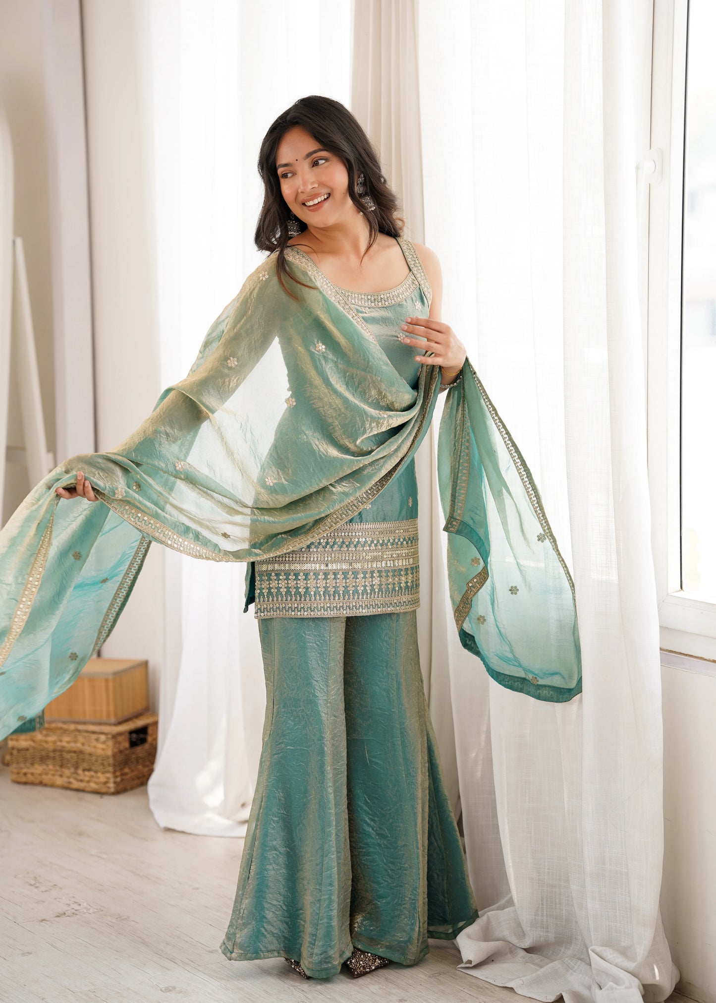 LadyVastara Women Trendy Silk Embroidery Sequence Dori Work Kurta Pant Dupatta Set