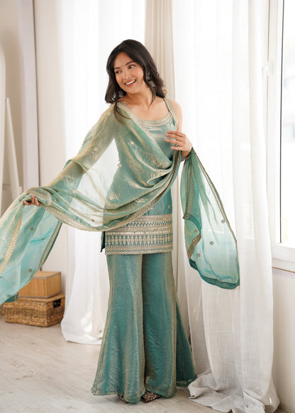 LadyVastara Women Trendy Silk Embroidery Sequence Dori Work Kurta Pant Dupatta Set