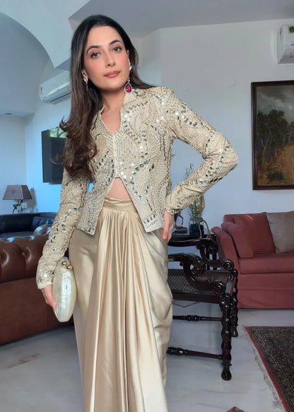 LadyVastara Zareen Gold Silk Zari Indo-Western Jacket Set with Mirror Work & Embroidery