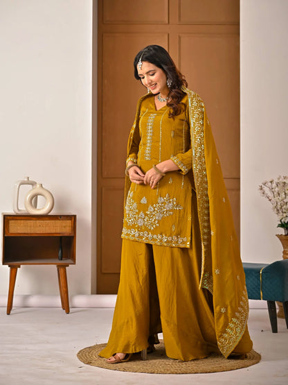 LadyVastara Women's Heavy NC Vichitra Embroidered Sharara Set with Dupatta