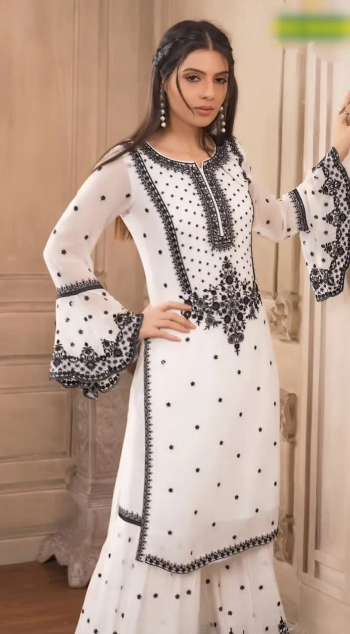 LadyVastara Designer Heavy Embroidered Faux Georgette Flair Top Set with Dupatta
