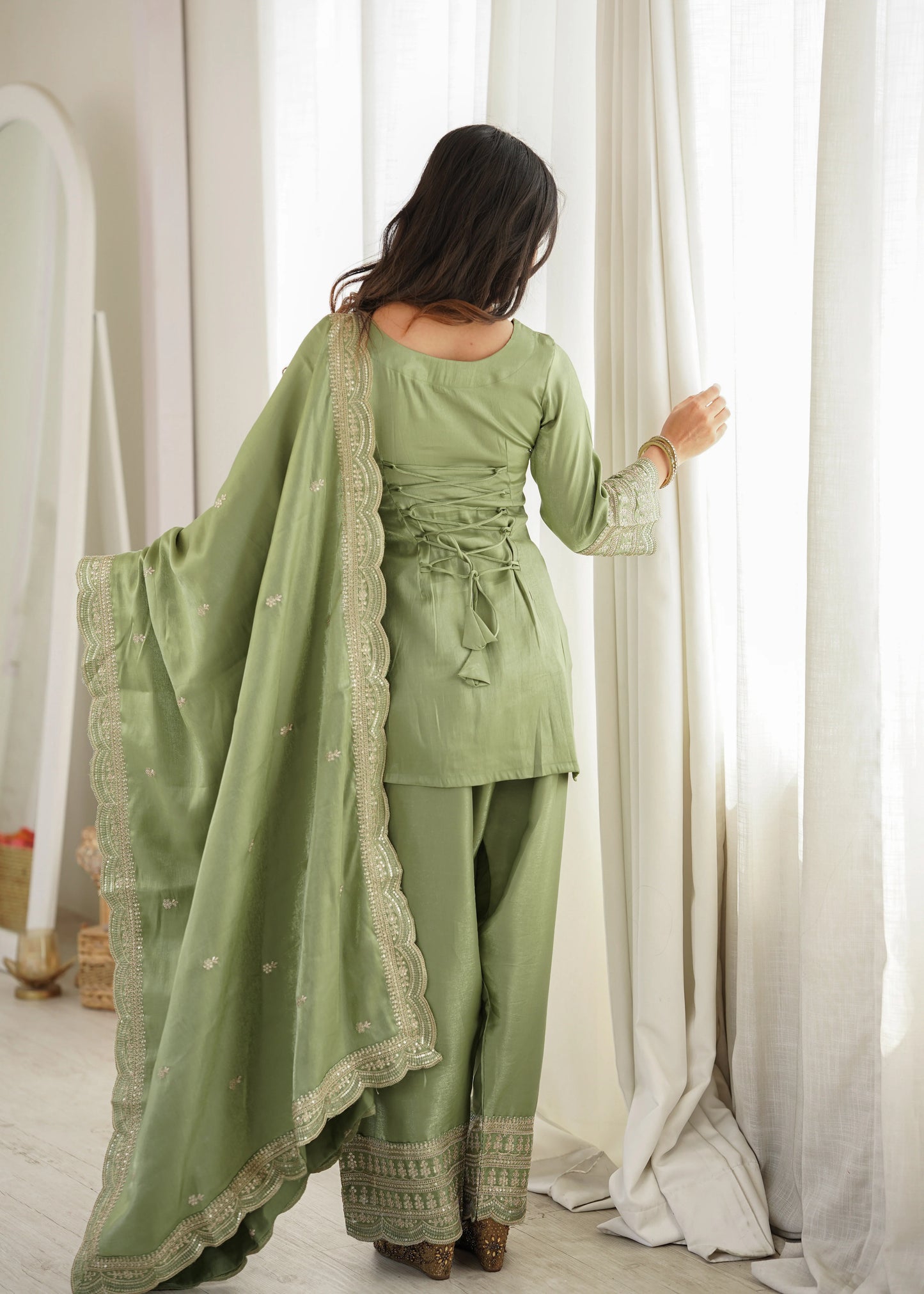 LadyVastara Designer Glass Roman Silk Farshi Salwar Suit with Sequence Dori Jari Work