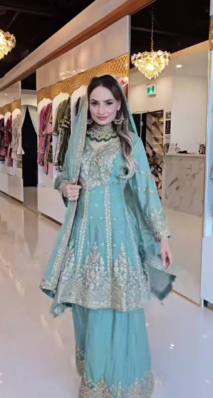 LadyVastara Heavy Chinon Silk Embroidered Top Sharara Palazzo Set with Dupatta