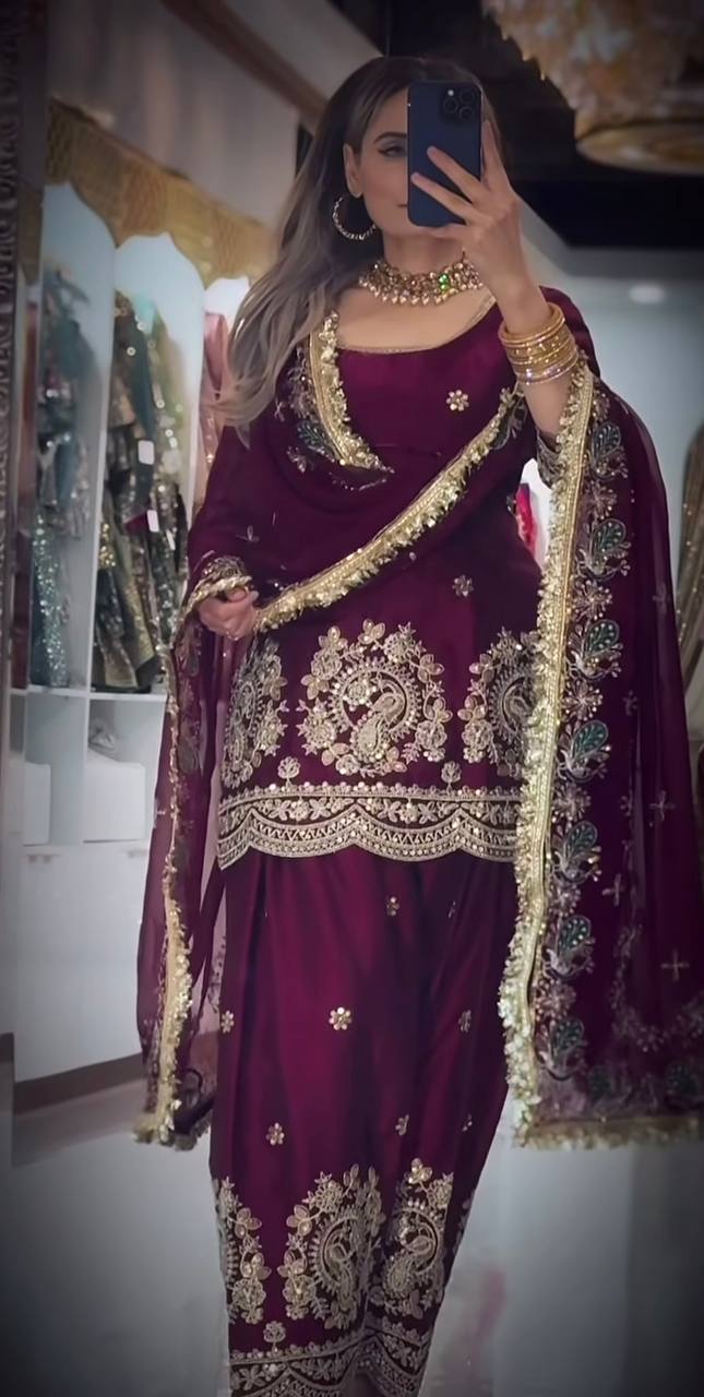 LadyVastara Heavy Embroidered Crushi Silk Top with Stylish Farshi Salwar Set