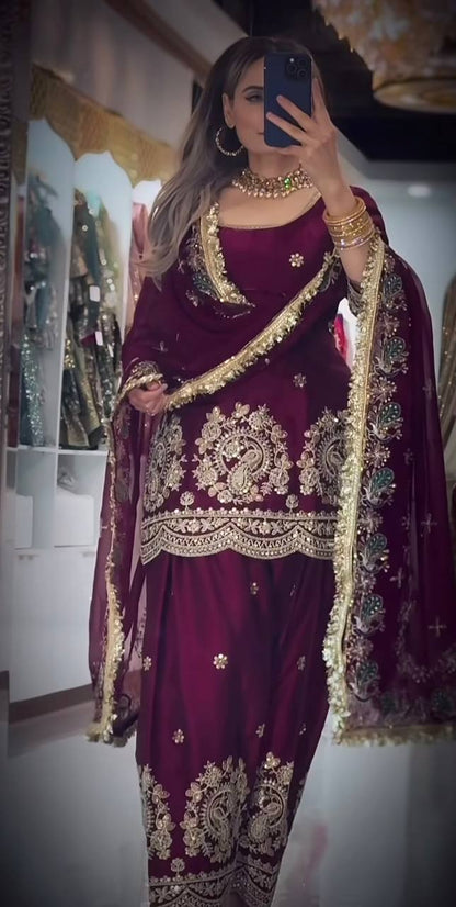 LadyVastara Heavy Embroidered Crushi Silk Top with Stylish Farshi Salwar Set
