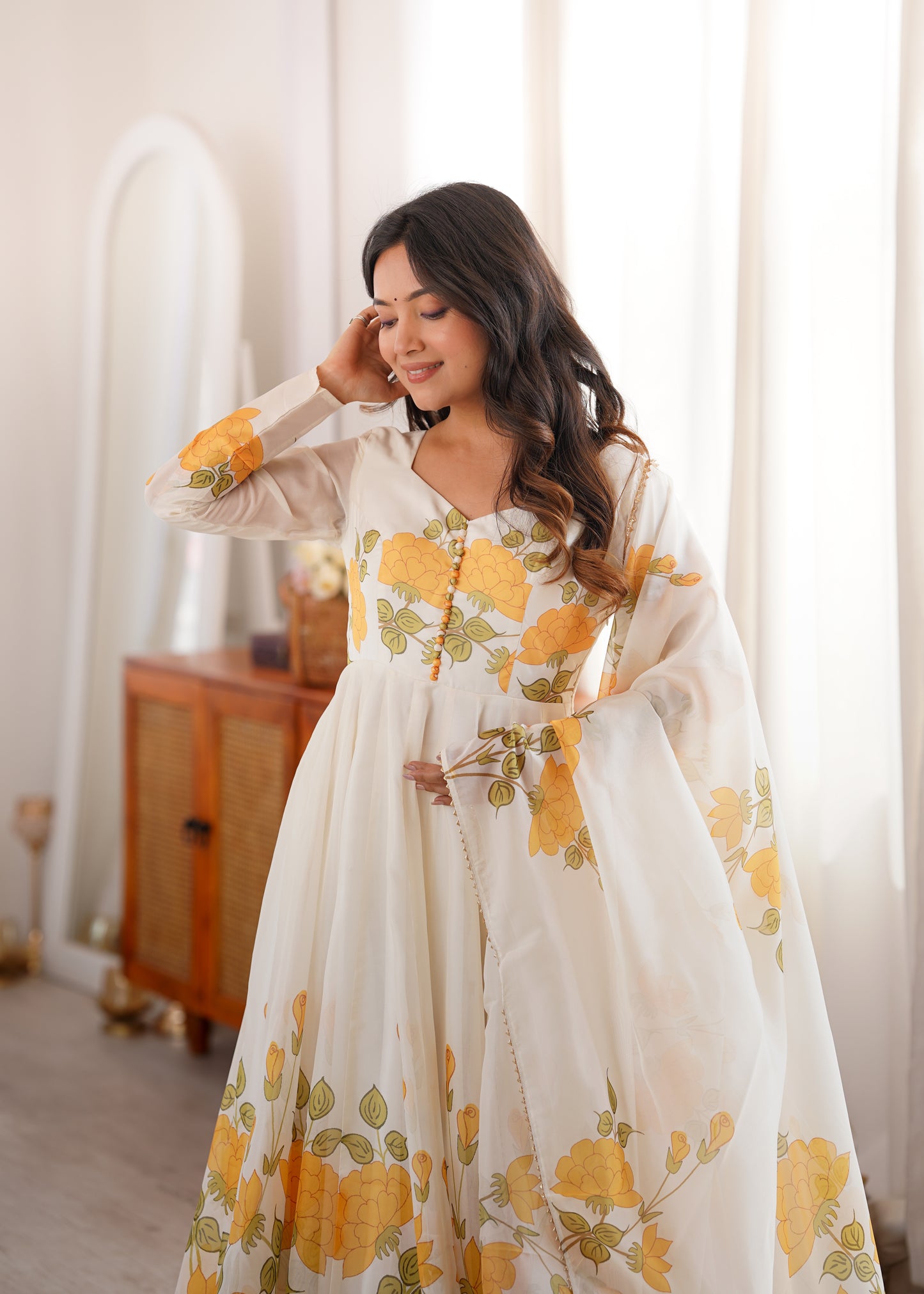 LadyVastara Women's Heavy Organza Silk Floral Print Anarkali Gown Set with Dupatt