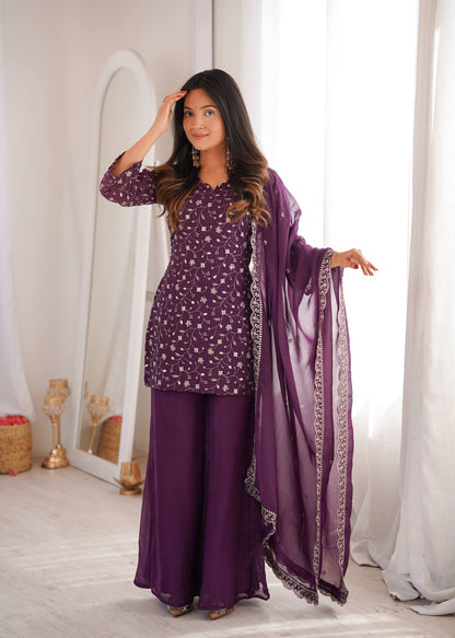 LadyVastara Designer Crunchy Silk Kurta Bell Bottom Set With Embroidery Sequence & Zari Work Dupatta