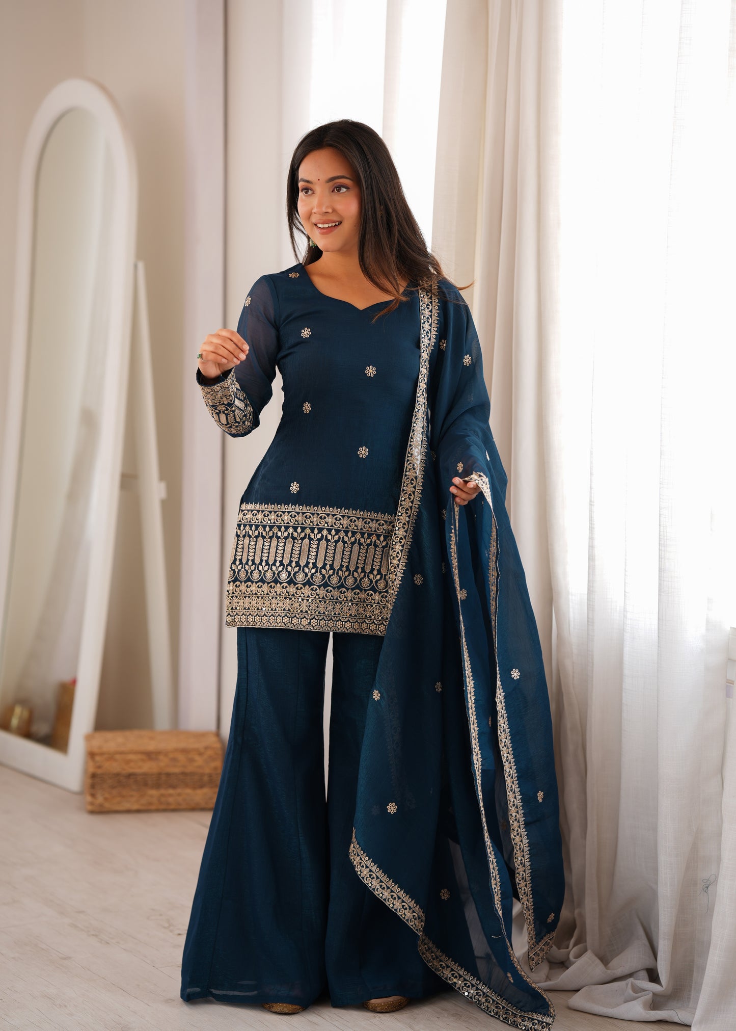 LadyVastara Crunchy Silk Embroidered Kurta with Bell Bottom Pant & Dupatta