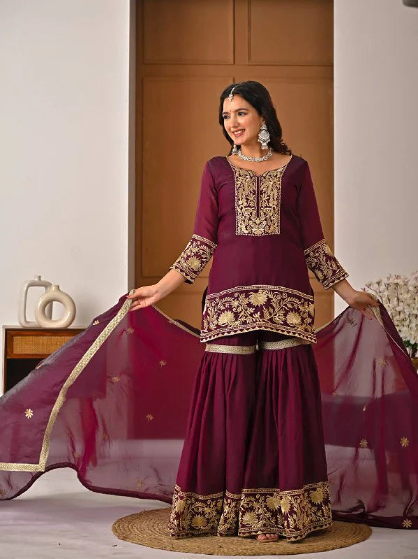 LadyVastara Premium Heavy Fendy Silk Embroidery Sharara Palazzo Suit