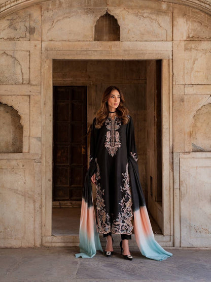 LadyVastara Women's Designer Embroidered Satin Rayon Kaftan Set with Pant & Shaded Chiffon Dupatta