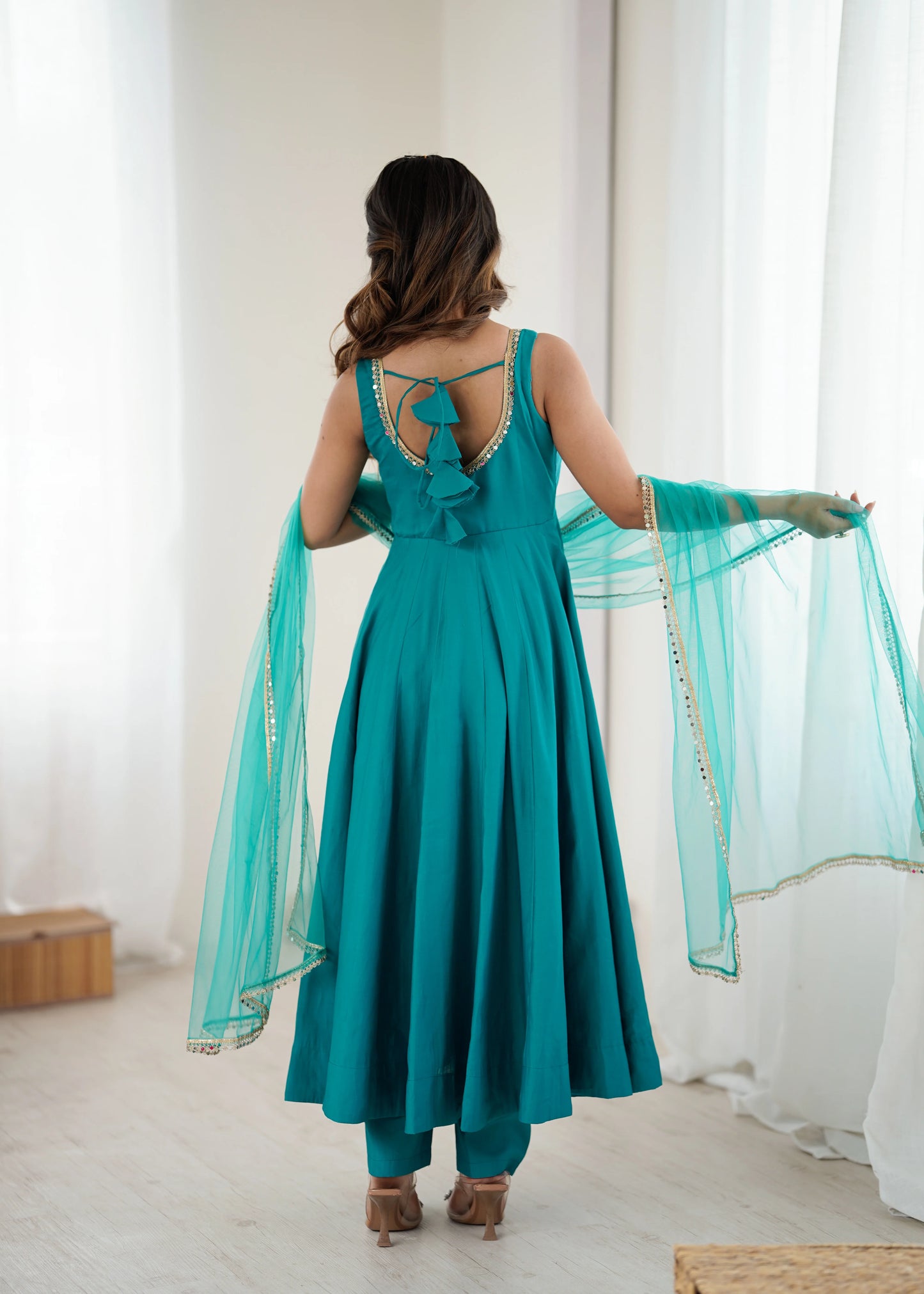 LadyVastara Premium Chanderi RomanSilk Anarkali with Soft Net Dupatta & Fancy Lace Work