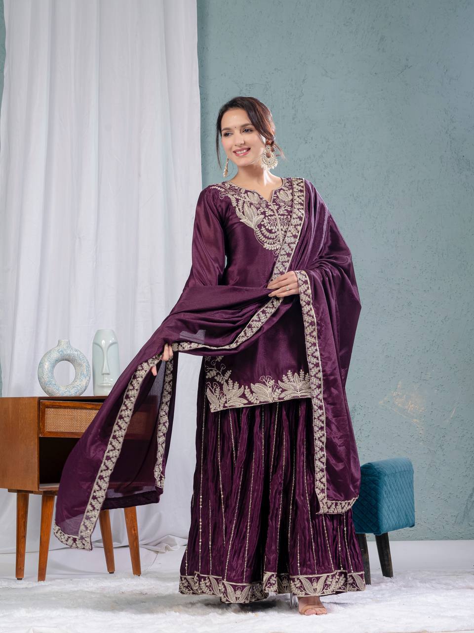 LadyVastara Elegant Chinnon Sharara Set with Intricate Embroidery