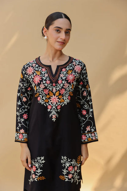 Ladyvastara Elegant Black Roman Silk Kashmiri Aari Kurta Set
