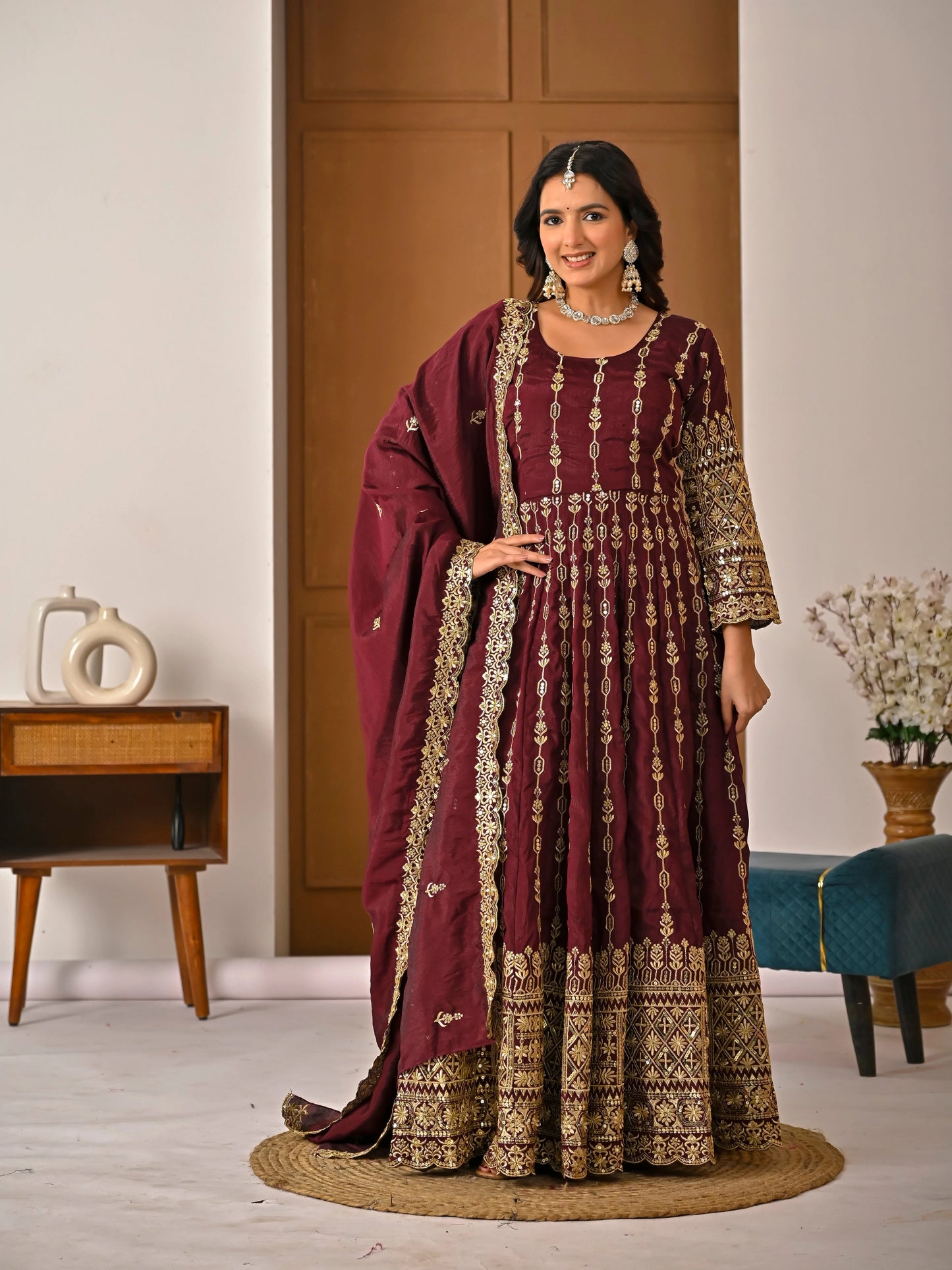 LadyVastara Elegant Maroon Ethnic Kurta Palazzo Set with Full Embroidery