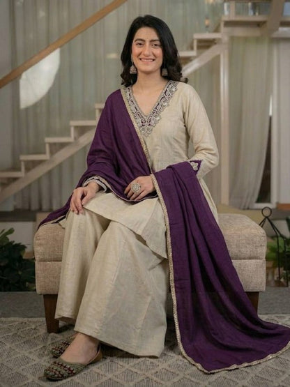 LadyVastara Women's Heavy Roman Silk Embroidered Sharara Suit Set with Hand Work, Chinnon Silk Dupatta