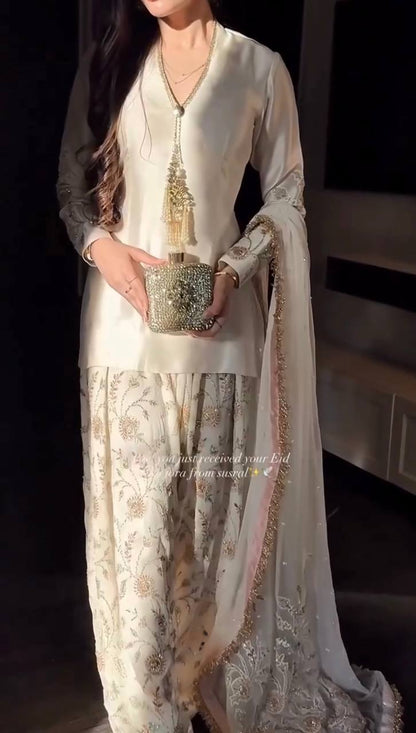 Ladyvastara Luxury Party Wear Farshi Plazzo Suit with Embroidered Organza Dupatta