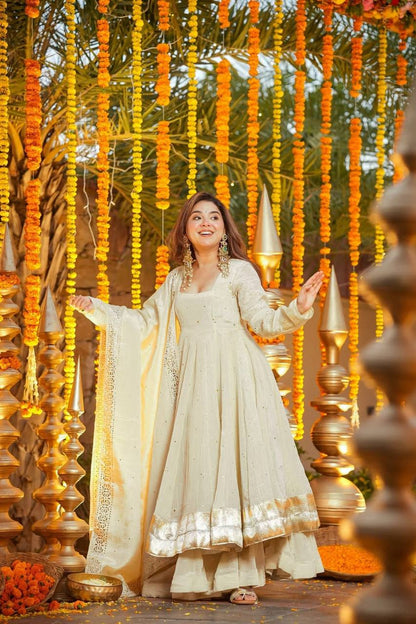 LadyVastara Traditional Wear Designer Gown Set with Mukesh Work Dupatta