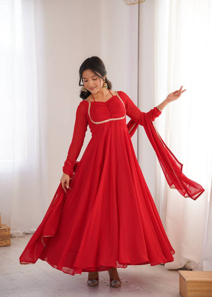 LadyVastara Premium Designer Fox Georgette Long Gown with Rich Flare & Lace Dupatta