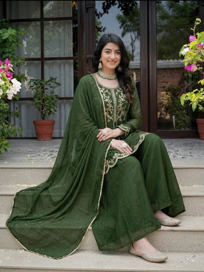 LadyVastara Royal Green Embroidered Kurta Palazzo Dupatta Set for Women