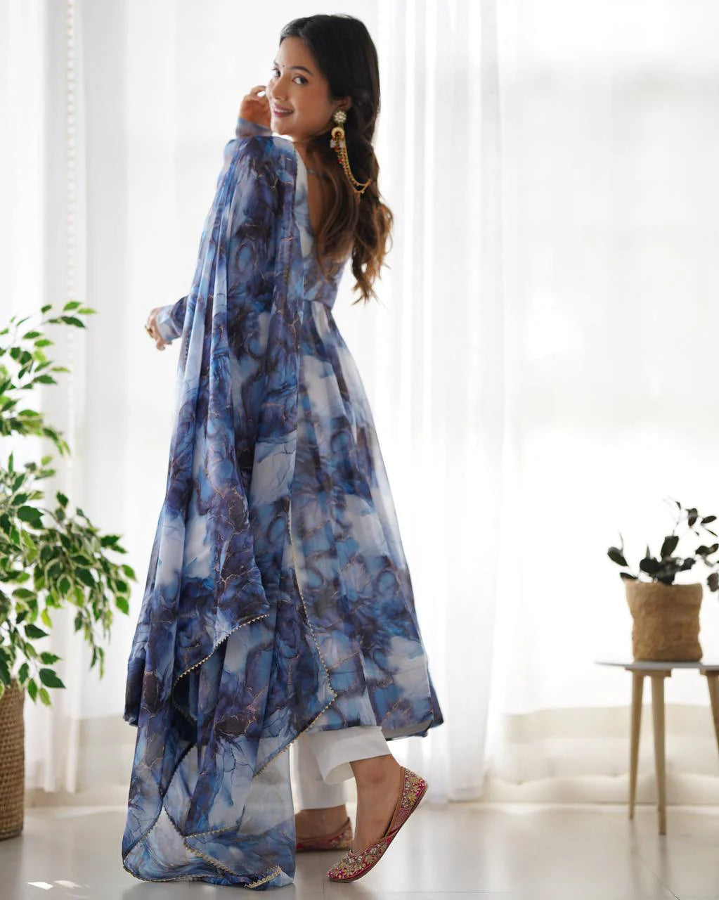 LadyVastara Women’s Pure Soft Organza Silk Marble Print Anarkali Suit Set with Gota Patti Dupatta