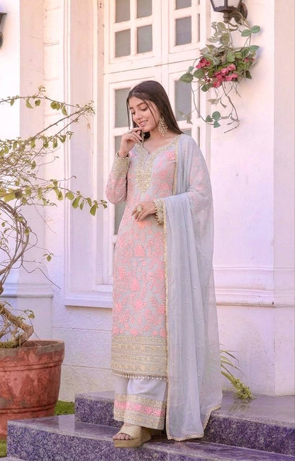 LadyVastara Elegant Faux Georgette Embroidered Kurta Plazzo Set with Dupatta