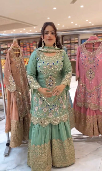 LadyVastara Mint Green Embroidered Sharara Suit | Perfect for Wedding Functions & Reception