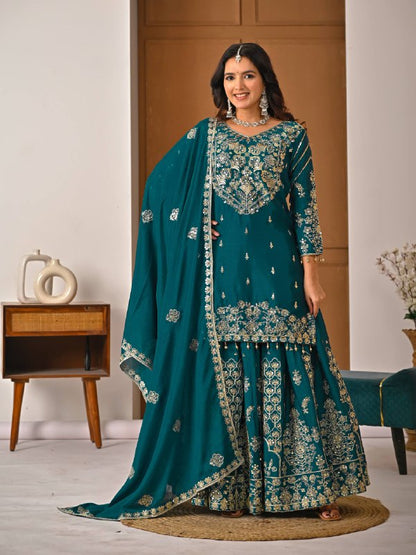 LadyVastara Royal Purple Luxurious Wedding & Party Wear Heavy Embroidered Sharara Suit