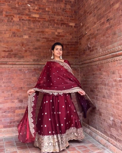 LadyVastara Royal Maroon Anarkali Set with Heavy Embroidery & Matching Dupatta