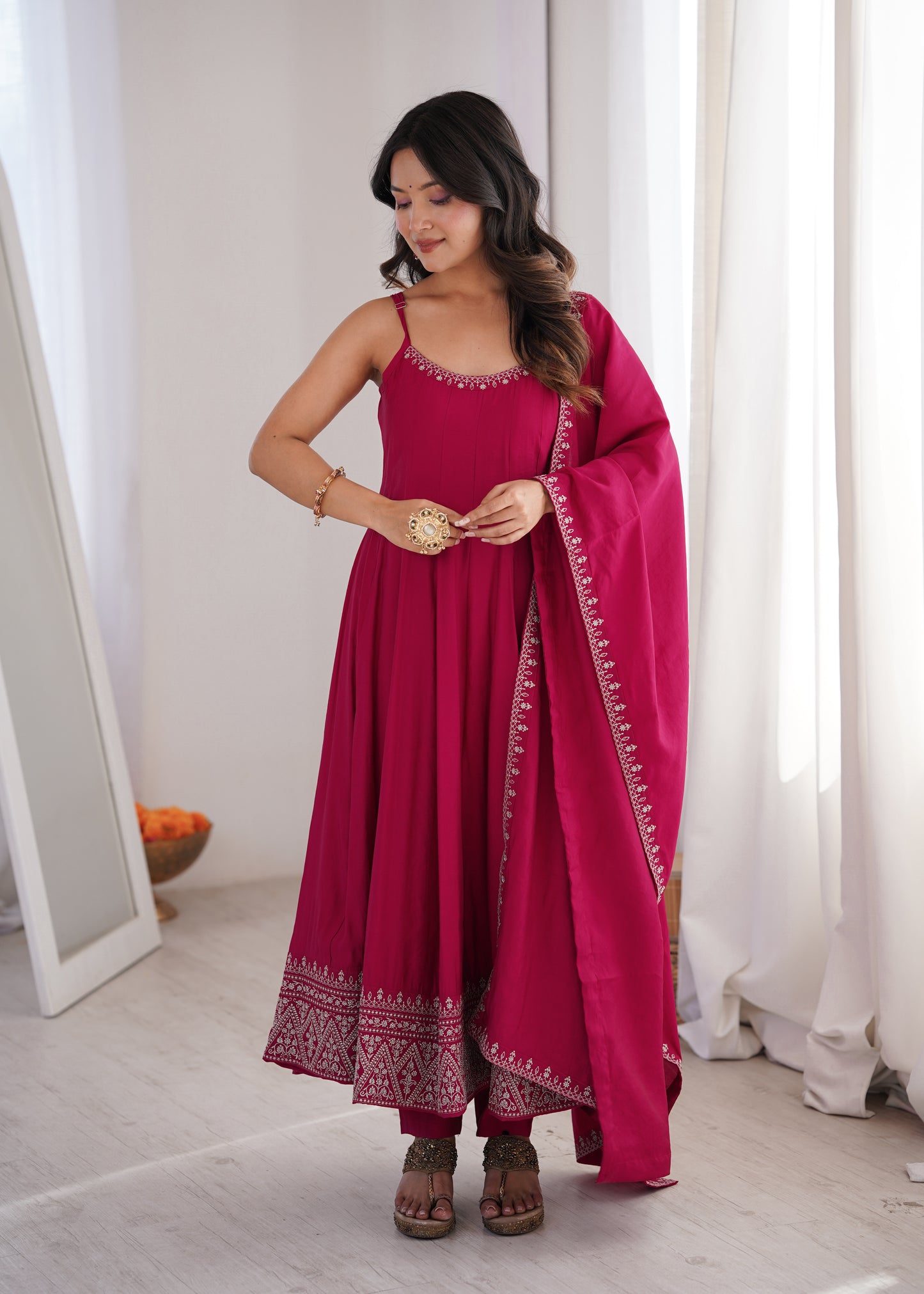 LadyVastara Elegant Sleeveless Roman Silk Chanderi Anarkali Dress