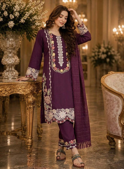 Women's Pure Satin Rayon Embroidered Kurta Set with Bottom & Dupatta