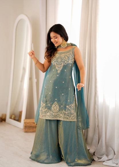 LadyVastara Premium Pure Fendy Silk Embroidered Sharara Set with Dupatta