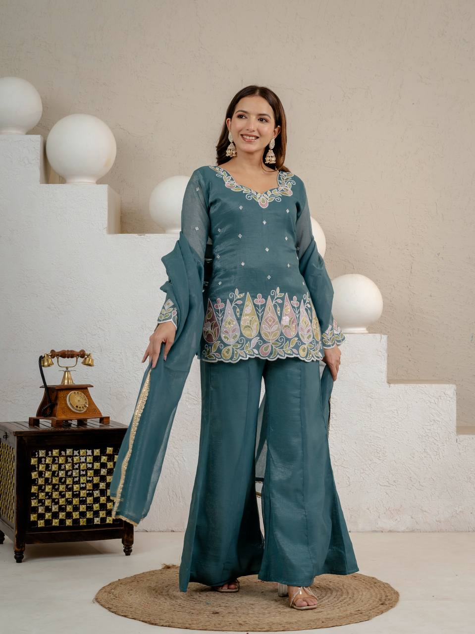 LadyVastara Heavy Crunchy Silk Embroidered Kurta Set with Palazzo & Dupatta