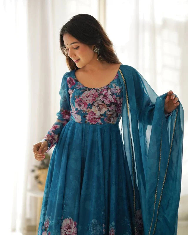 LadyVastara Pure Soft Organza Silk Fully Flared Kali Cut Anarkali Suit Set with Dupatta & Pant