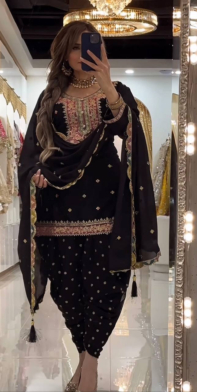 LadyVastara Elegant Faux Georgette Embroidered Top with Dhoti Salwar & Dupatta Set