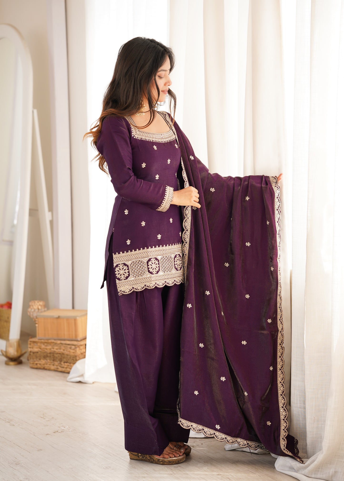 LadyVastara Premium Glass Roman Silk Embroidered Kurta Farshi Shalwar Set with Dupatta