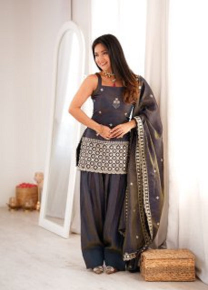 LadyVastara Premium Ethnic NC Vichitra Silk Kurta Farshi Shalwar Set