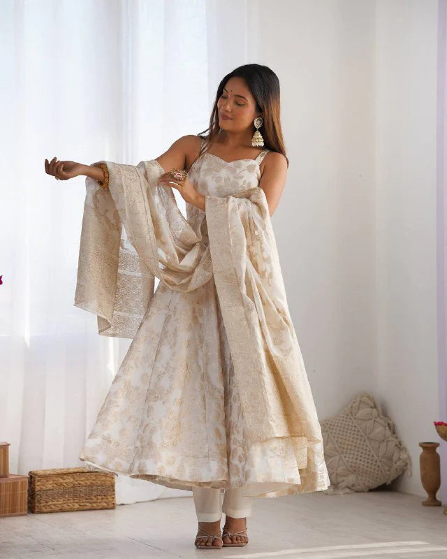 LadyVastara Royal Banarasi Jackquard Dola Silk Anarkali Gown Set