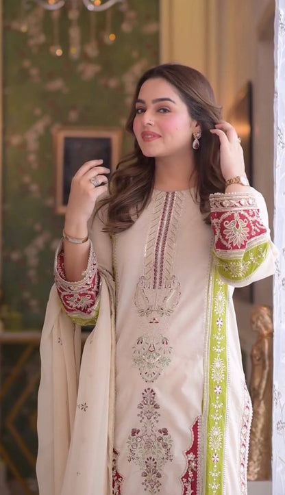 LadyVastara Elegant Embroidered Roman Silk Kurta Set for Festive Occasions
