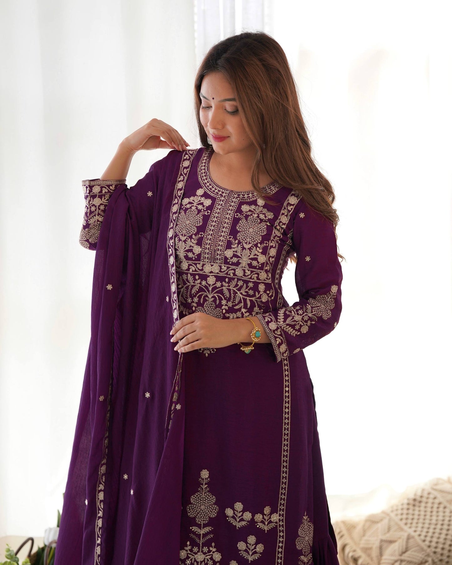 LadyVastara Designer Chinon Silk Kediyakurta with Sharara & Dupatta Set