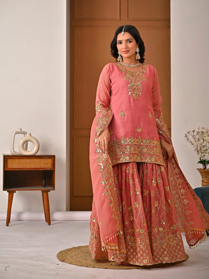 LadyVastara Royal Peach Crunchy Silk Embroidered Sharara Set