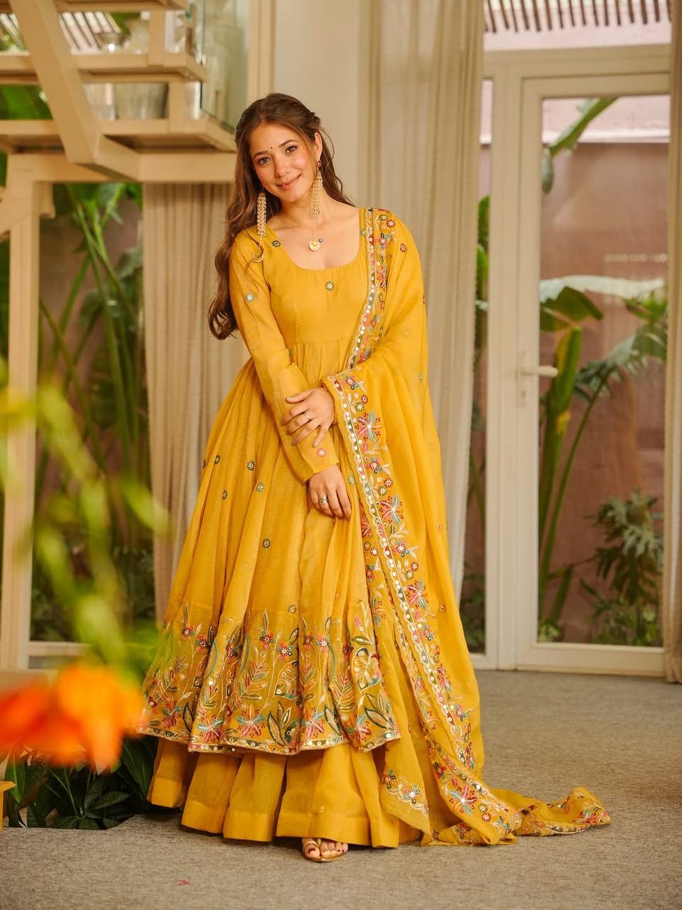 LadyVastara Elegant Crunchy Silk Anarkali Suit Set with Palazzo & Embroidered Dupatta for Women