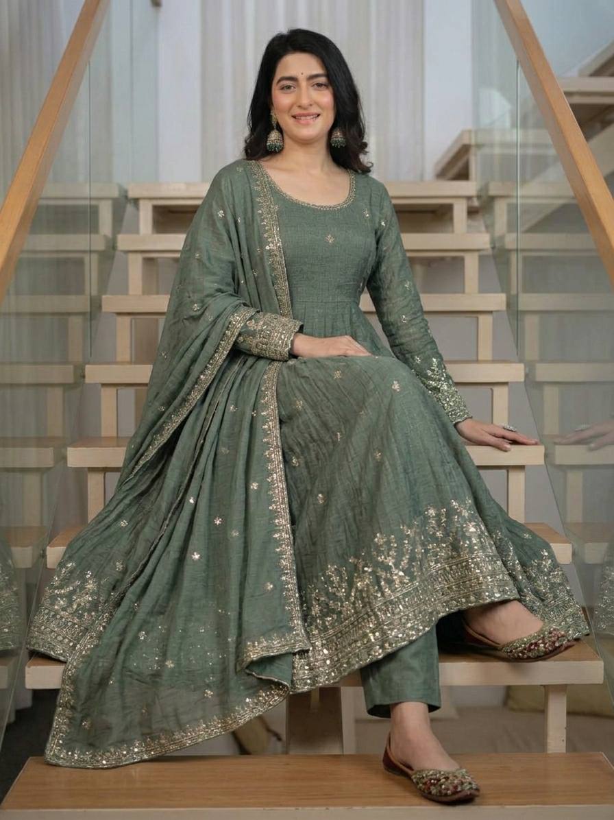 LadyVastara Women's Heavy Crunchy Silk Anarkali Suit Set with Embroidered Dupatta