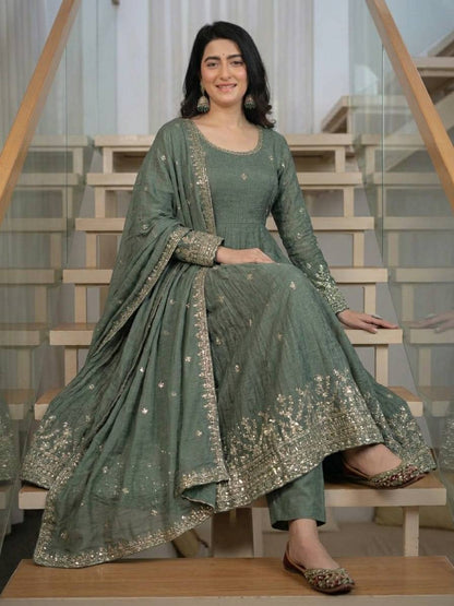 LadyVastara Women's Heavy Crunchy Silk Anarkali Suit Set with Embroidered Dupatta