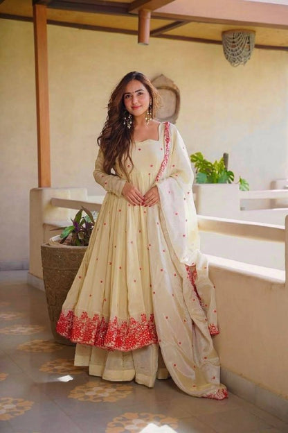 LadyVastara Pure Cosmos Silk Anarkali Sharara Set with Embroidered Dupatta