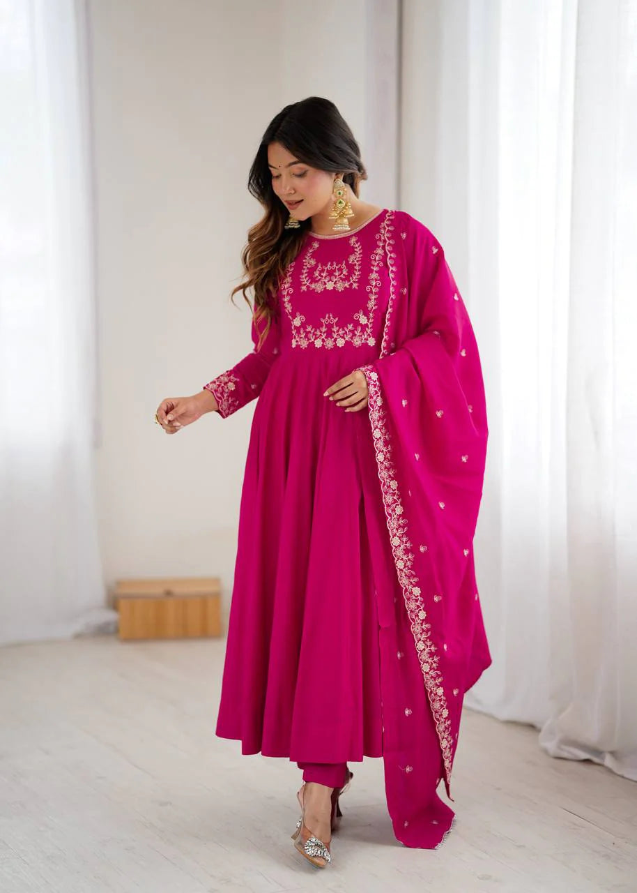LadyVastara Premium Roman Chanderi Silk Flared Anarkali Suit Set with Embroidered Dupatta for Wedding & Festive Wear