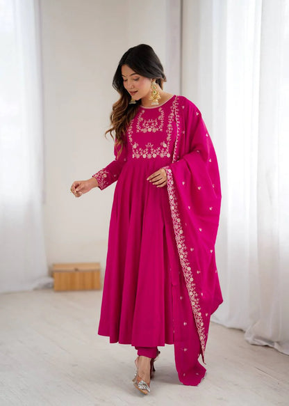 LadyVastara Premium Roman Chanderi Silk Flared Anarkali Suit Set with Embroidered Dupatta for Wedding & Festive Wear