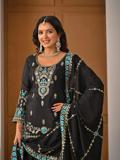 Ladyvastara Black Embroidered Kurta Sharara Set with Dupatta for Wedding & Festive Wear