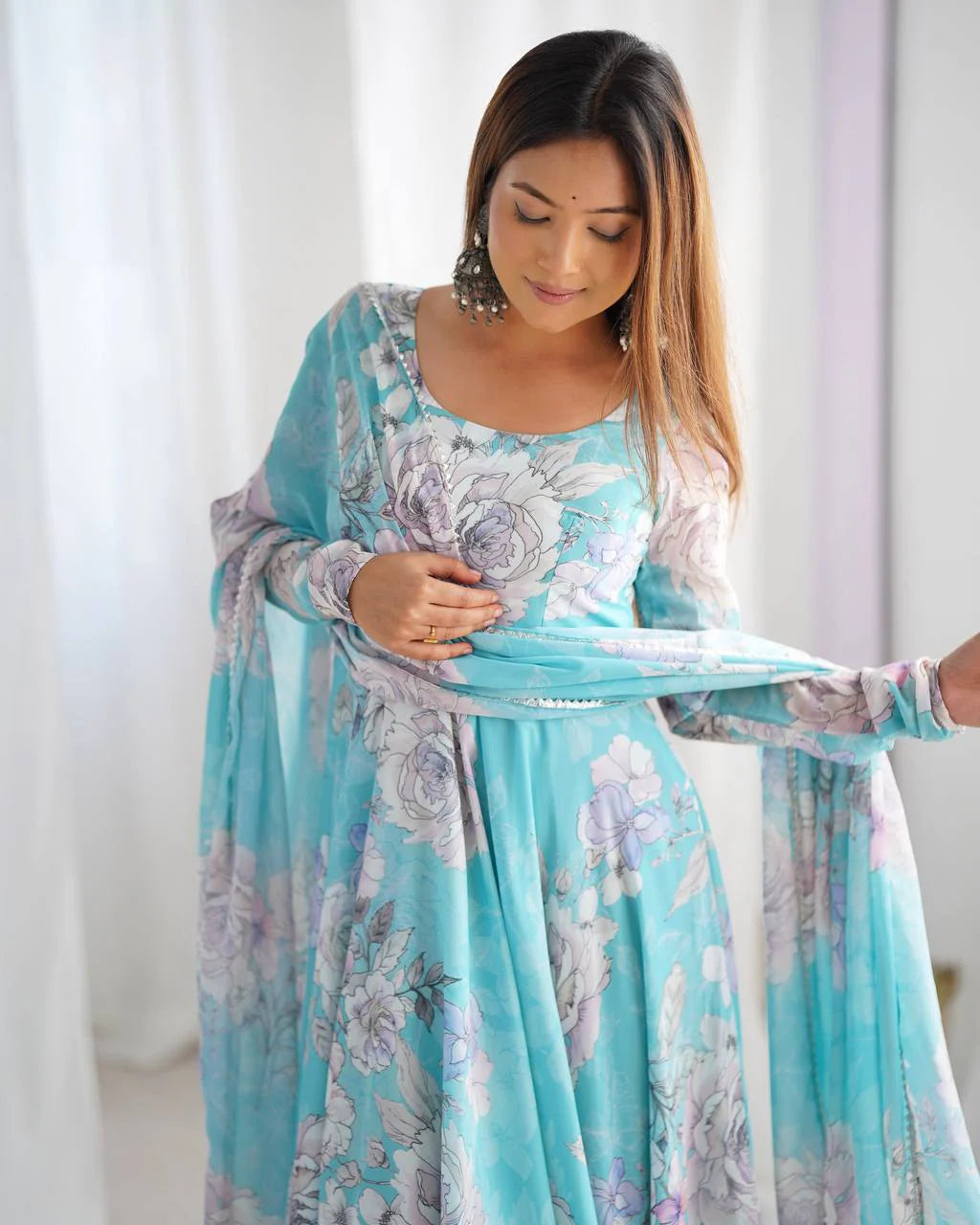 LadyVastara Designer Floral Print Fox Georgette Anarkali Gown